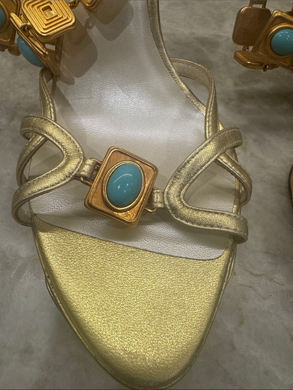 Dior Gold Strappy Heels with Turquoise Stone Accents - Picture 2 of 11